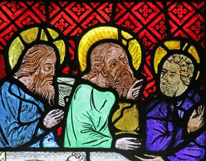 Vindue med tre skikkelser ved brylluppet i Cana af French School